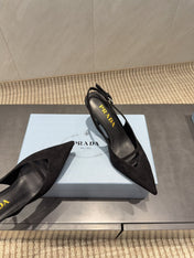 PRADA 26S POINTED TOE SLINGBACK HIGH HEELS 75MM IN BLACK SUEDE