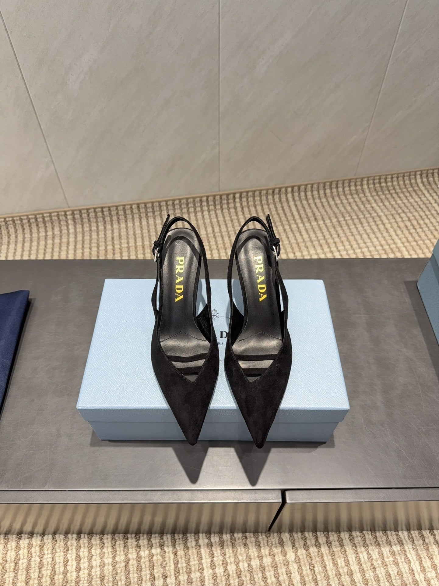 PRADA 26S POINTED TOE SLINGBACK HIGH HEELS 75MM IN BLACK SUEDE