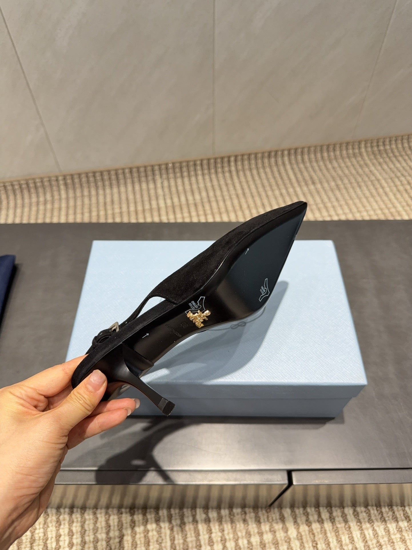 PRADA 26S POINTED TOE SLINGBACK HIGH HEELS 75MM IN BLACK SUEDE