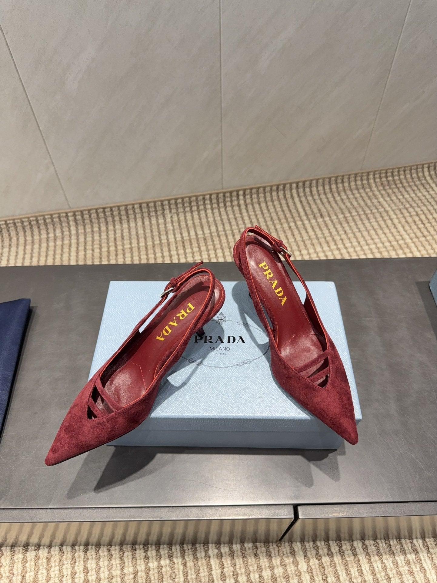 PRADA 26S POINTED TOE SLINGBACK HIGH HEELS 75MM IN DARK RED SUEDE