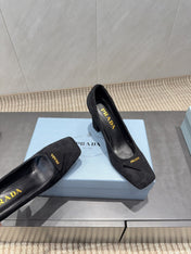 PRADA 26S SQUARE TOE HIGH HEELS 85MM IN BLACK SUEDE WITH LOGO