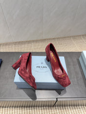 PRADA 26S SQUARE TOE HIGH HEELS 85MM IN DARK RED SUEDE WITH LOGO