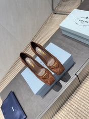 PRADA 26S SQUARE TOE HIGH HEELS 85MM IN CARAMEL BROWN SUEDE WITH LOGO
