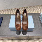 PRADA 26S SQUARE TOE HIGH HEELS 85MM IN CARAMEL BROWN SUEDE WITH LOGO