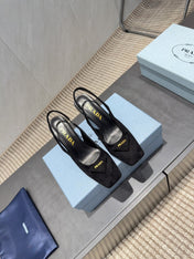 PRADA 26S LOW HEEL SQUARE TOE SLINGBACK SHOES 85MM IN BLACK SUEDE WITH LOGO
