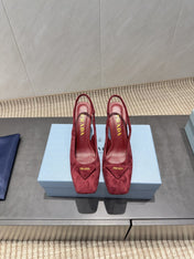 PRADA 26S LOW HEEL SQUARE TOE SLINGBACK SHOES 85MM IN DARK RED SUEDE WITH LOGO