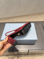 PRADA 26S LOW HEEL SQUARE TOE SLINGBACK SHOES 85MM IN DARK RED SUEDE WITH LOGO