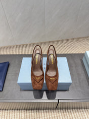 PRADA 26S LOW HEEL SQUARE TOE SLINGBACK SHOES 85MM IN CARAMEL BROWN SUEDE WITH LOGO