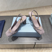PRADA 26S LOW HEEL SQUARE TOE SLINGBACK SHOES 85MM IN TAUPE BROWN SUEDE WITH LOGO