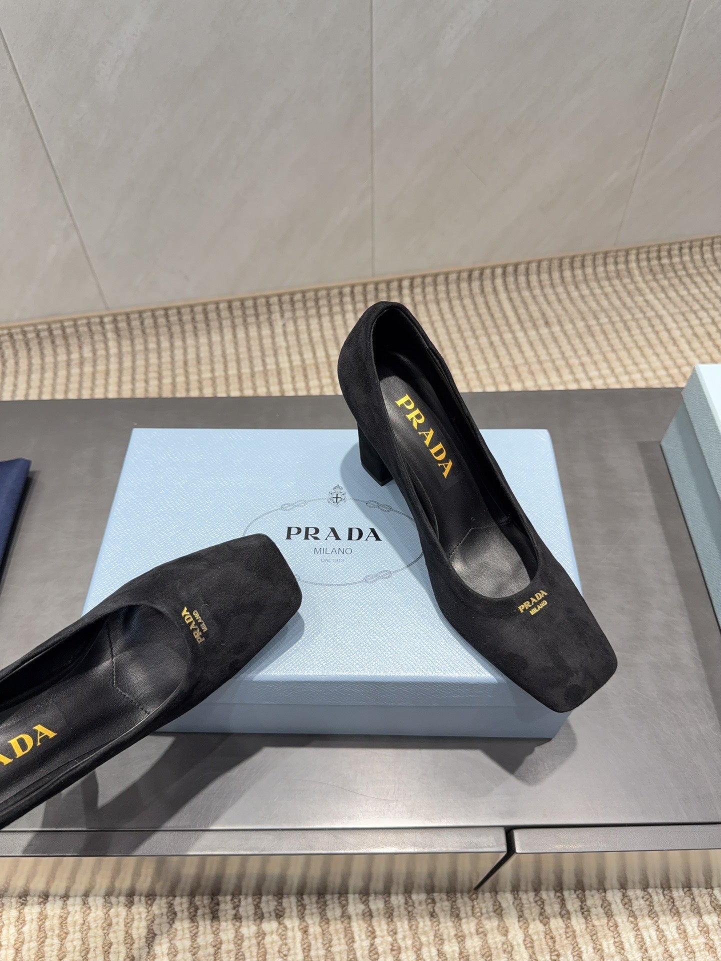 PRADA 26S SQUARE TOE HIGH HEELS 85MM IN BLACK SUEDE