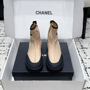 CHANEL 26S ZIPPER BOOTS IN BEIGE MIX BLACK FABRIC AND LAMBSKIN