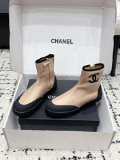 CHANEL 26S ZIPPER BOOTS IN BEIGE MIX BLACK FABRIC AND LAMBSKIN