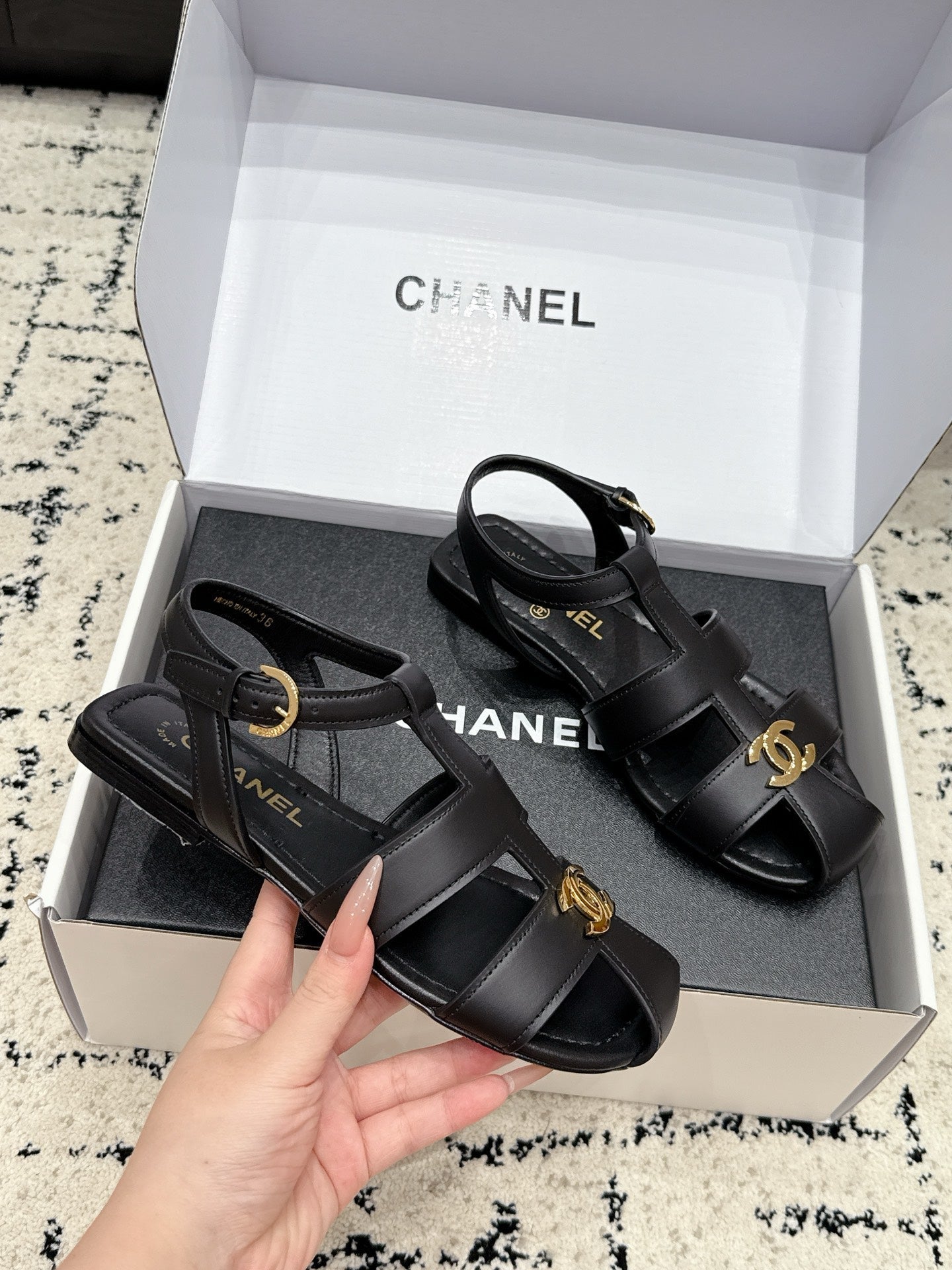 CHANEL 26S SANDALS IN BLACK CALFSKIN WITH GOLD HARDWARE