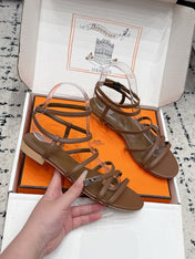 HM 26S STRAPPY SANDALS IN COFFEE BROWN CALFSKIN SILVER HARDWARE