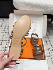 HM 26S STRAPPY SANDALS IN COFFEE BROWN CALFSKIN SILVER HARDWARE