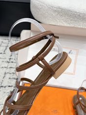HM 26S STRAPPY SANDALS IN COFFEE BROWN CALFSKIN SILVER HARDWARE