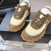 CHANEL 26S LOW TOP SNEAKERS IN BROWN SUEDE AND GREEN FABRIC WITH RUBBER SOLE