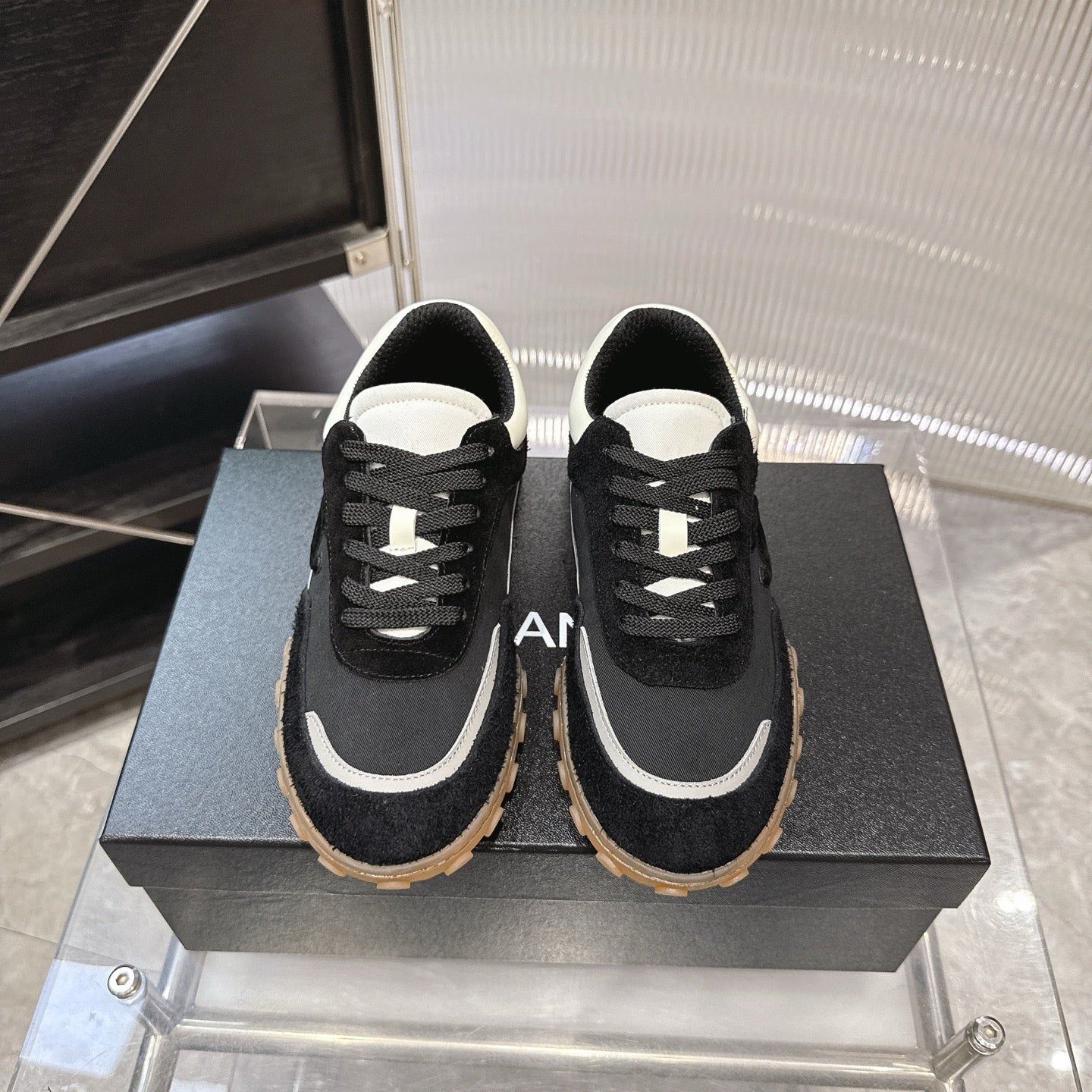 CHANEL 26S LOW TOP SNEAKERS IN BLACK SUEDE AND BLACK FABRIC WITH RUBBER SOLE