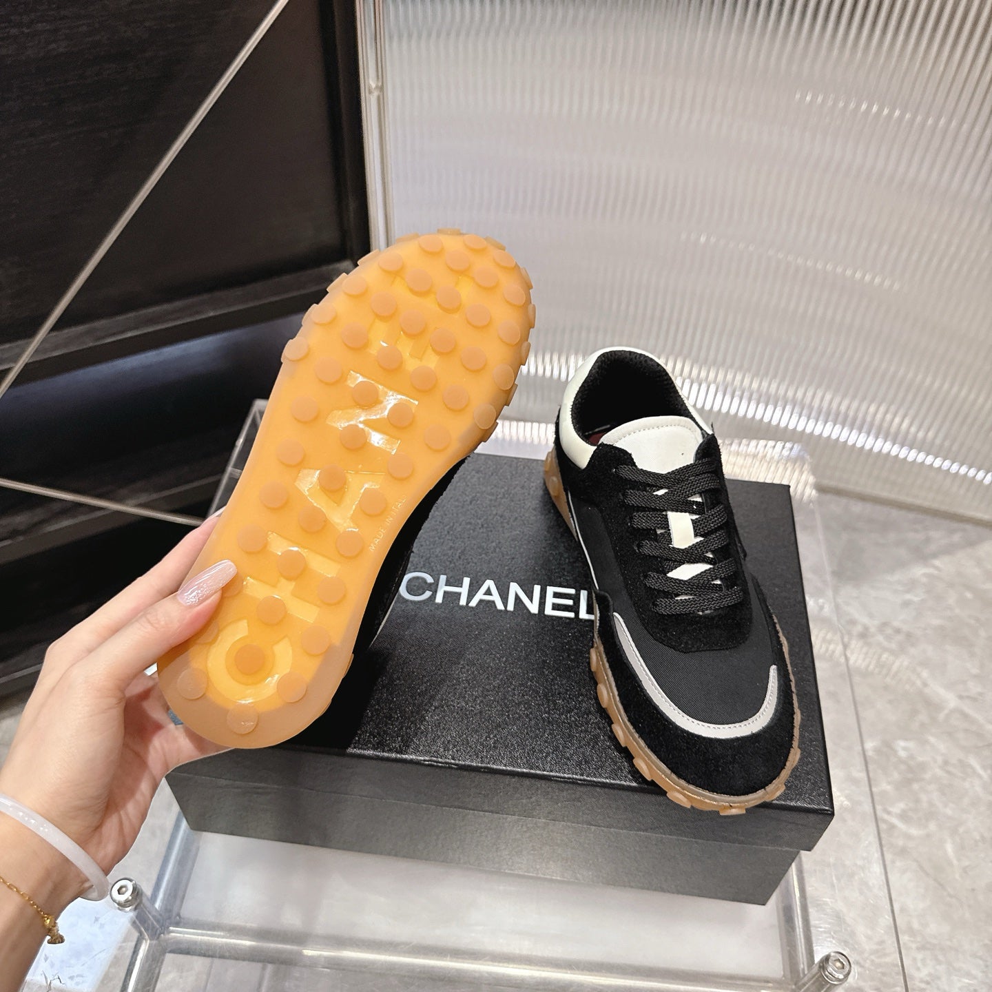 CHANEL 26S LOW TOP SNEAKERS IN BLACK SUEDE AND BLACK FABRIC WITH RUBBER SOLE