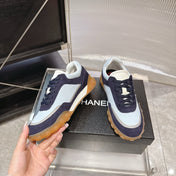 CHANEL 26S LOW TOP SNEAKERS IN NAVY BLUE SUEDE AND WHITE FABRIC WITH RUBBER SOLE