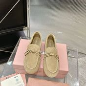 MIUMIU 26S LOAFERS IN LIGHT BROWN SUEDE WITH BOW