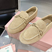 MIUMIU 26S LOAFERS IN LIGHT BROWN SUEDE WITH BOW