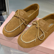 MIUMIU 26S LOAFERS IN TAN BROWN SUEDE WITH BOW