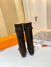 HM 25S RIDING BOOTS IN DARK COFFEE BROWN SUEDE WITH SILVER HARDWARE
