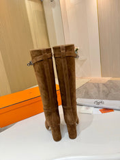 HM 25S KELLY KNEE-HIGH BOOTS IN BROWN SUEDE WITH SILVER HARDWARE