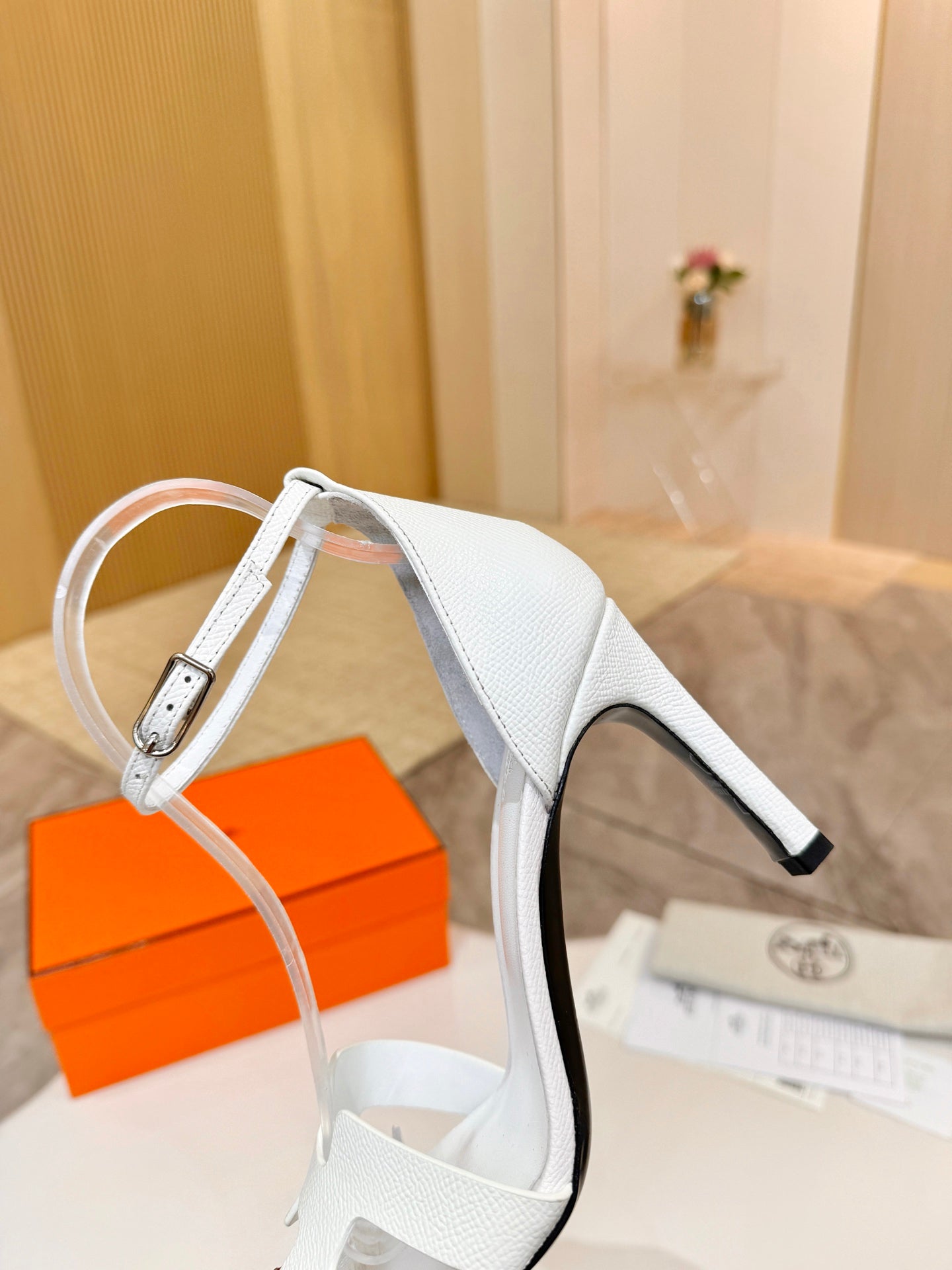 HM 26S H HIGH HEEL SANDALS 90MM IN WHITE GRAINED CALFSKIN