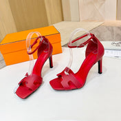 HM 26S H HIGH HEEL SANDALS 90MM IN DEEP RED GRAINED CALFSKIN