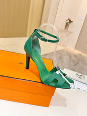 HM 26S H HIGH HEEL SANDALS 90MM IN GREEN GRAINED CALFSKIN