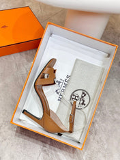 HM 26S H HIGH HEEL SANDALS 90MM IN TAN BROWN GRAINED CALFSKIN