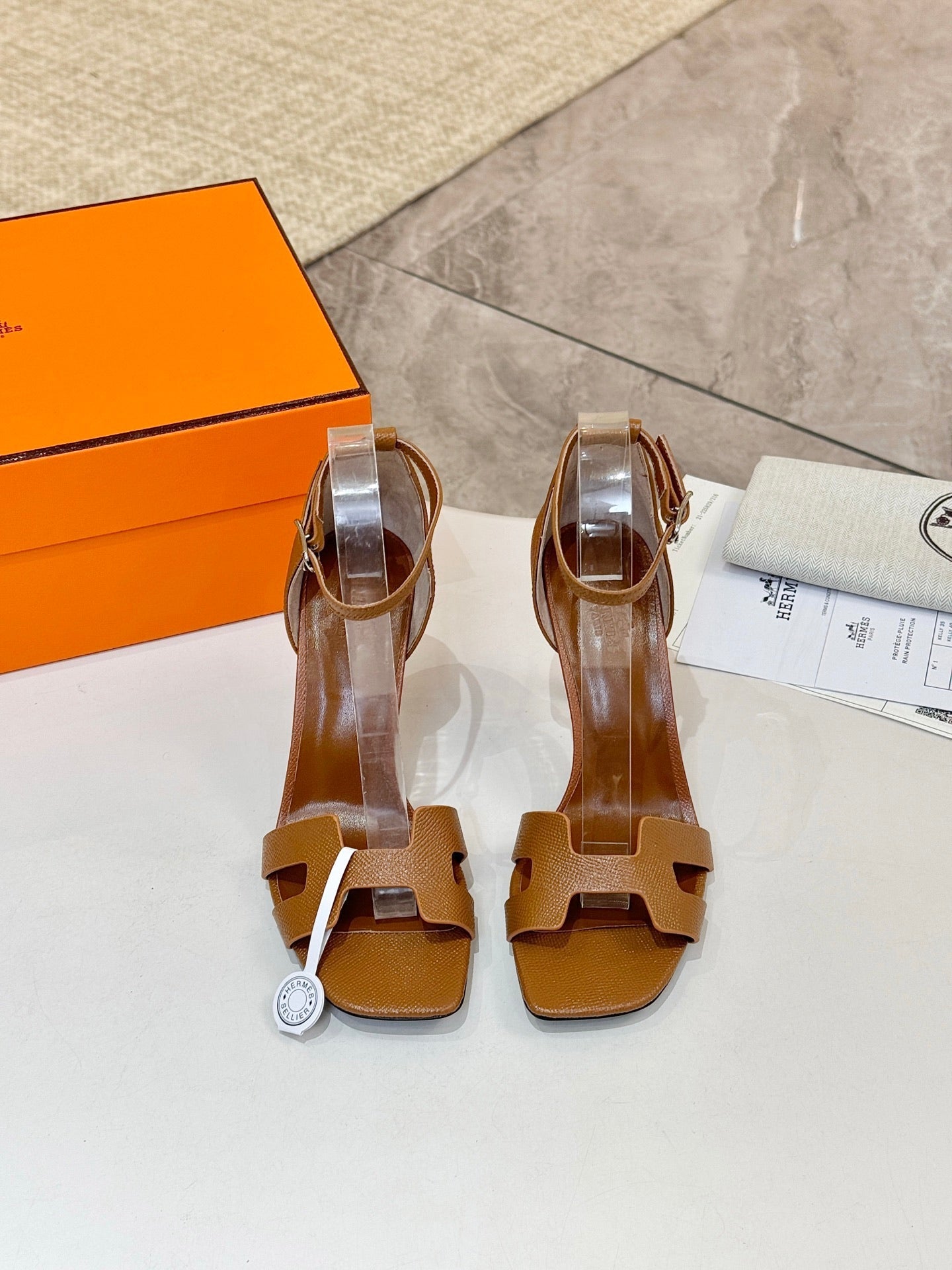 HM 26S H HIGH HEEL SANDALS 90MM IN TAN BROWN GRAINED CALFSKIN