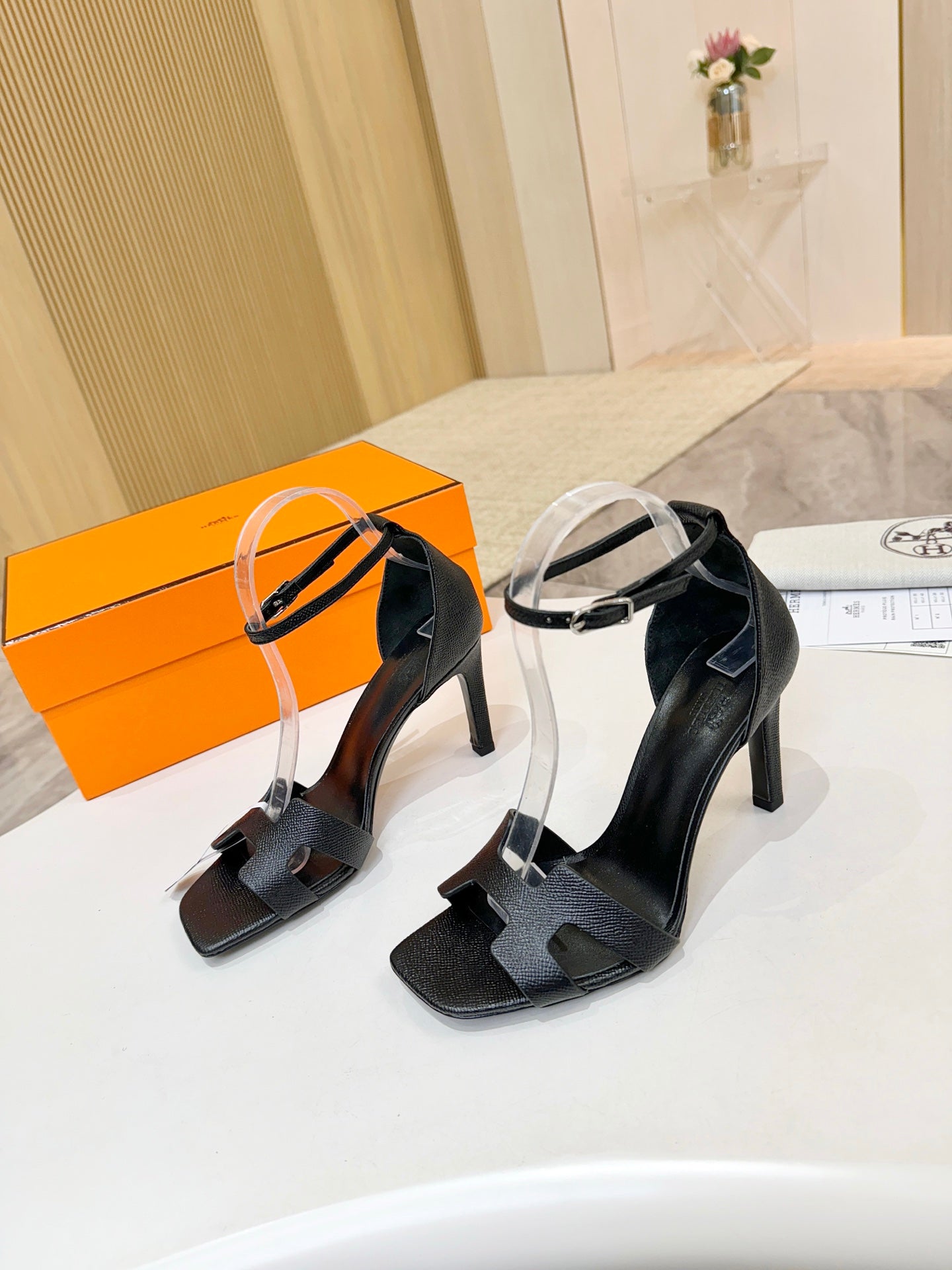 HM 26S H HIGH HEEL SANDALS 90MM IN BLACK GRAINED CALFSKIN
