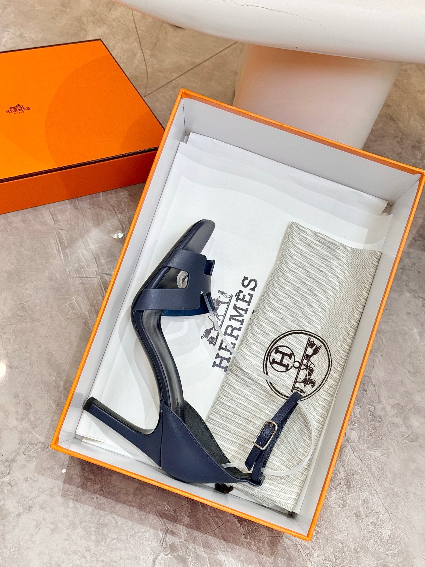 HM 26S H HIGH HEEL SANDALS 90MM IN NAVY BLUE CALFSKIN