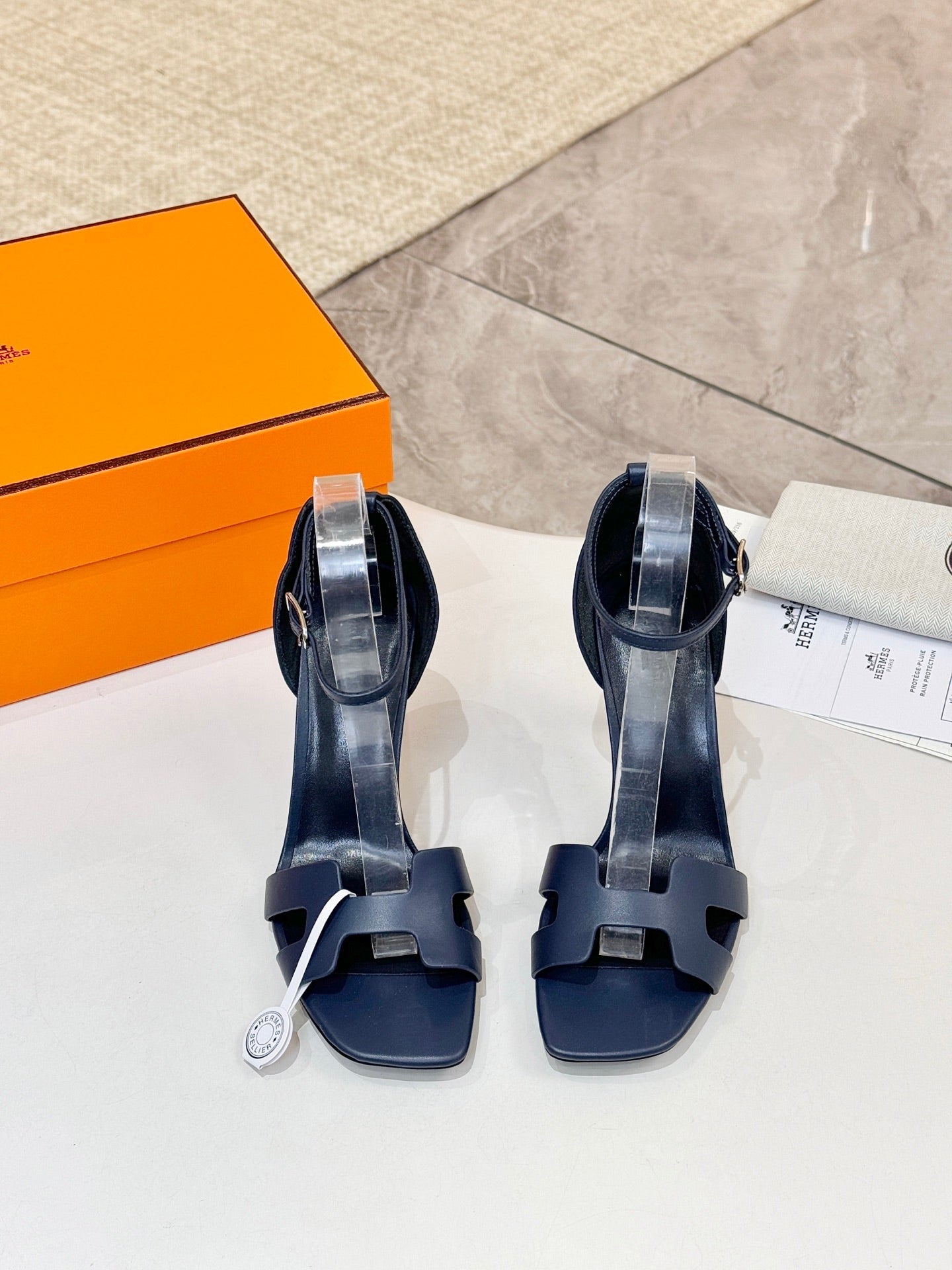 HM 26S H HIGH HEEL SANDALS 90MM IN NAVY BLUE CALFSKIN