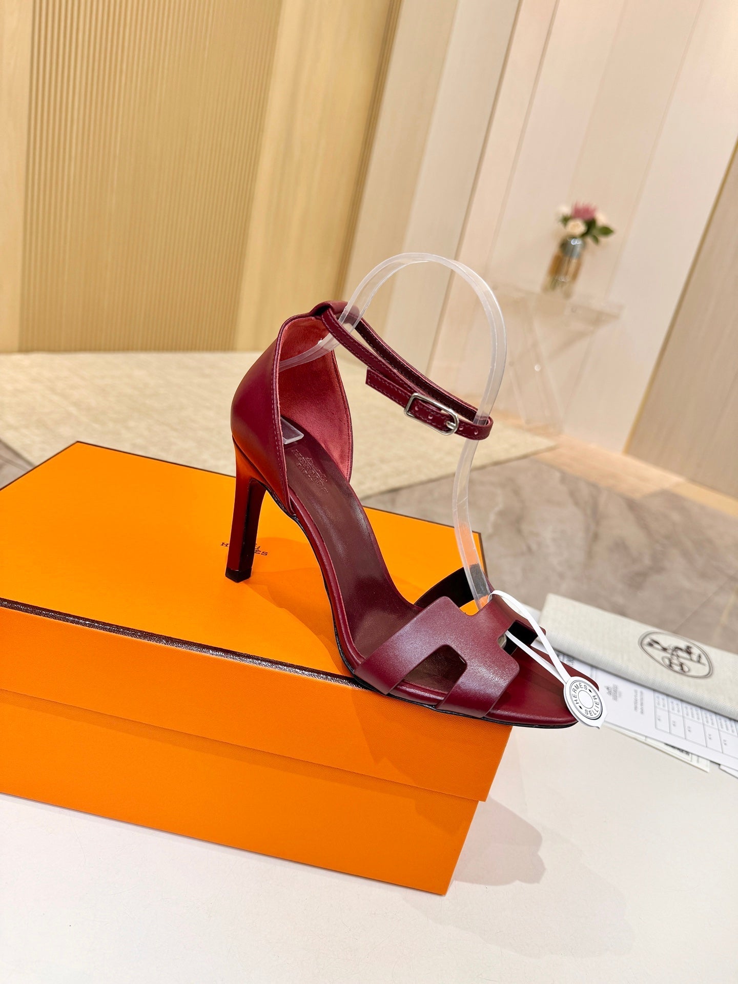 HM 26S H HIGH HEEL SANDALS 90MM IN BURGUNDY RED CALFSKIN