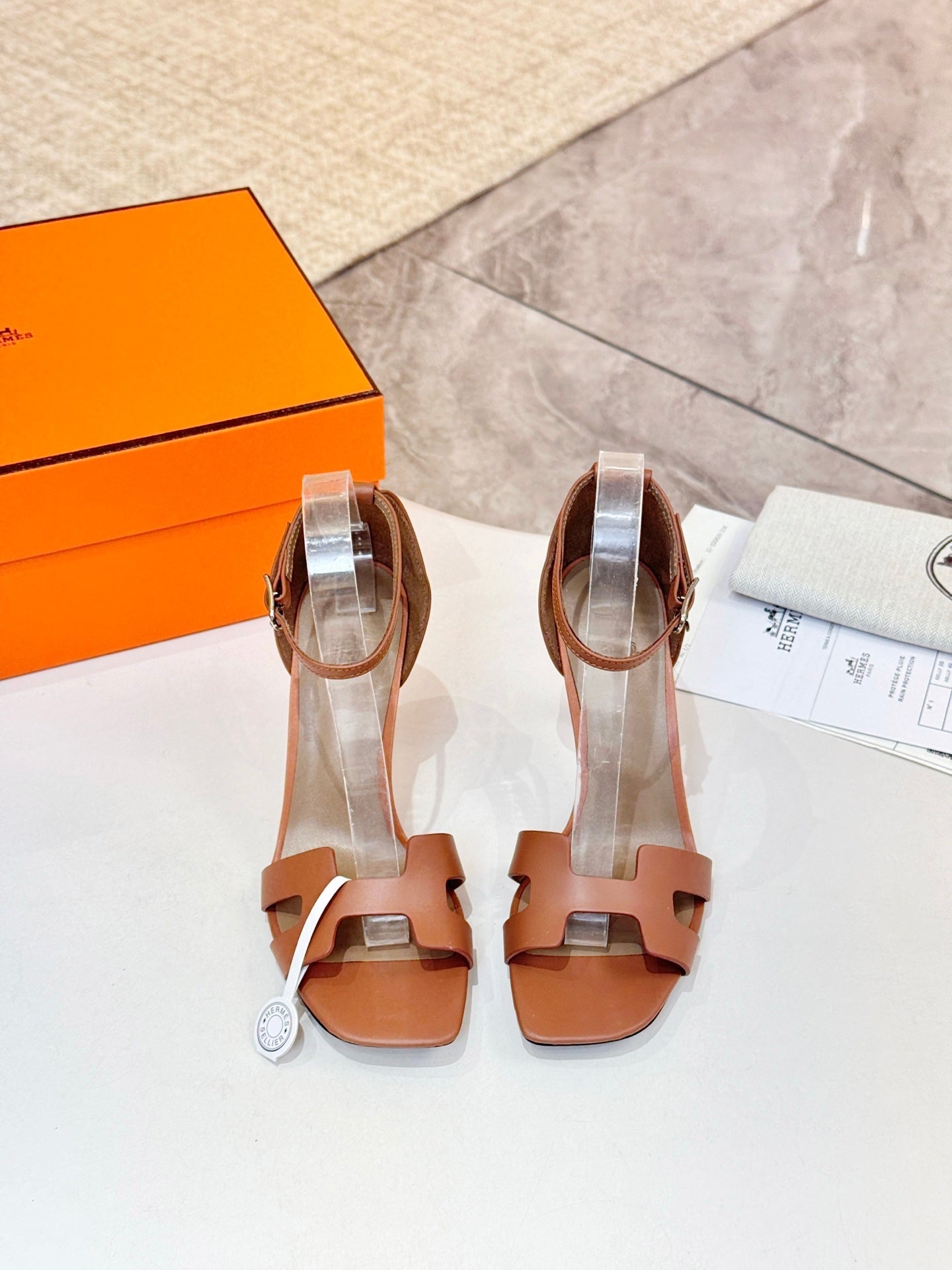 HM 26S H HIGH HEEL SANDALS 90MM IN TAN BROWN CALFSKIN