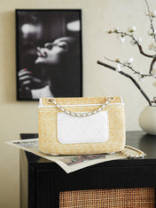 CHANEL 26S CLASSIC FLAP MEDIUM 23 IN NATURAL RAFFIA AND WHITE CALFSKIN GOLD HARDWARE