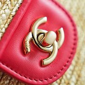 CHANEL 26S CLASSIC FLAP MEDIUM 23 IN NATURAL RAFFIA AND PINK CALFSKIN GOLD HARDWARE