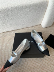 Pointed Toe Mary Jane Shoes Silver Mix Black Lambskin