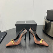 GOLD CHAIN ATTACHED HIGH SLINGBACK IN TOFFEE BROWN SILK