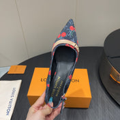 LV HIGH SLINGBACK LOGO AND CHERRY PRINT 25S 55MM IN CHARCOAL BLACK DENIM