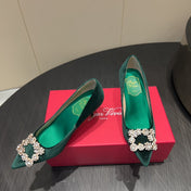 ROGER VIVIER 25S POINTED TOE HIGH HEELS 70MM IN TEAL GREEN VELVET EMBELLISHED CRYSTALS