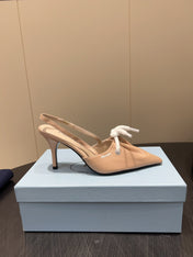PRADA 25S POINTED TOE SLINGBACK 85MM IN BEIGE LAMBSKIN WITH TIE UP DESIGN