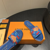 LV SLIDE SANDALS 25S IN DARK BLUE DENIM AND CALFSKIN WITH LOGO PRINT