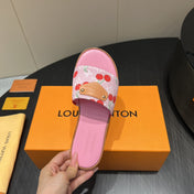 LV SLIDE SANDALS 25S IN PINK DENIM AND CALFSKIN WITH LOGO PRINT
