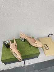 GG WOMEN'S HORSEBIT SLINGBACK IN TAN BEIGE CALFSKIN WITH RHINSTONES