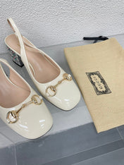 GG WOMEN'S HORSEBIT SLINGBACK IN WHITE CALFSKIN WITH RHINSTONES